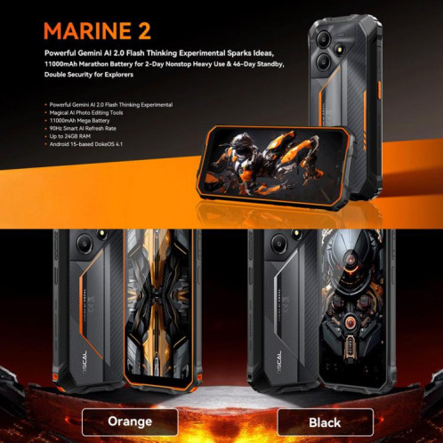  Blackview Oscal Marine 2, 8 Go + 256 Go, écran 6,56 pouces, Android 15, processeur Unisoc UMS9230E T615 Octa Core, réseau : 4G, OTG, NFC (Orange) SB933E1049-033